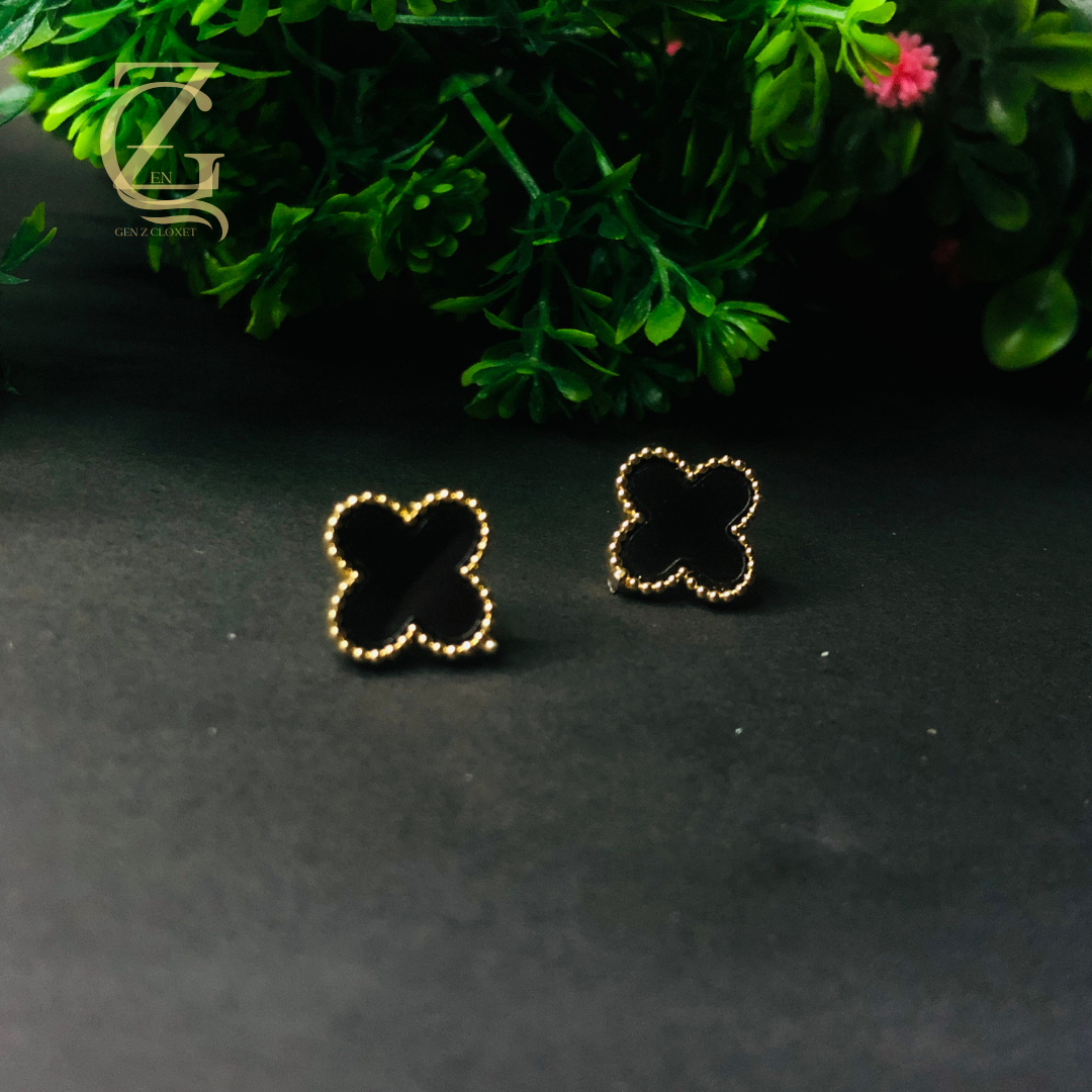 164 Gold Plated Black Clover Stud Earrings - Image 1