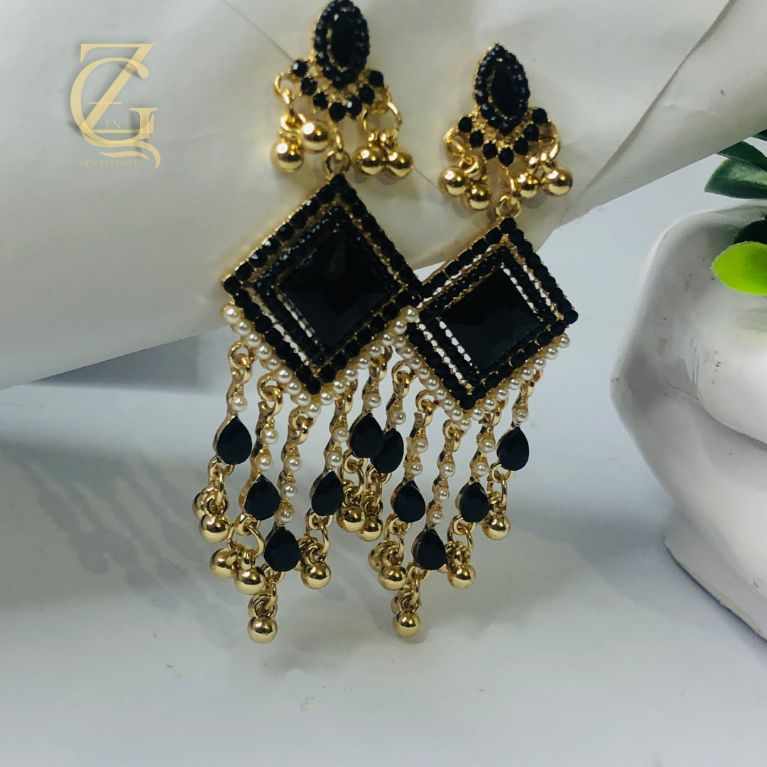 241 Gold-plated black American diamond drop dangle earrings - Image 1