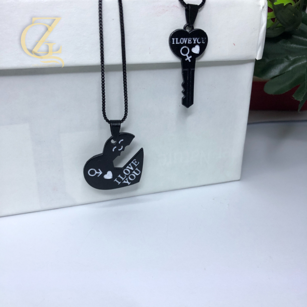 Black Heart and Key Couple Necklace Set