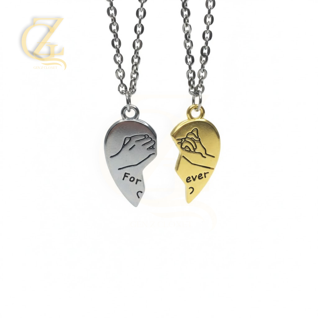 c (3) High-quality lifestyle photography of beautiful couple's jewelry, showing the 'Forever' split heart design on soft, elegant hands to highlight the product's fit and romantic appeal.