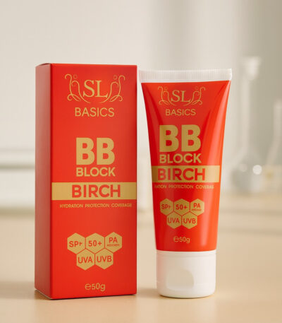Close-up of a model's radiant skin showing the natural coverage and glow of BB Block Tinted Sunscreen.