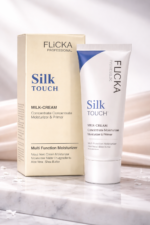A clean dollop of Flicka Silk Touch moisturizer cream next to a fresh aloe vera leaf and vitamin E capsule for aesthetic skincare branding.