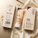 Multiple bottles of Flicka Silk Touch 3-in-1 Primer Moisturizer arranged elegantly on a modern vanity reflection surface.