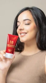 Color swatches of BB Block Tinted Sunscreen in shades Birch for neutral, Oak for warm, and Mahogany for cool undertones.