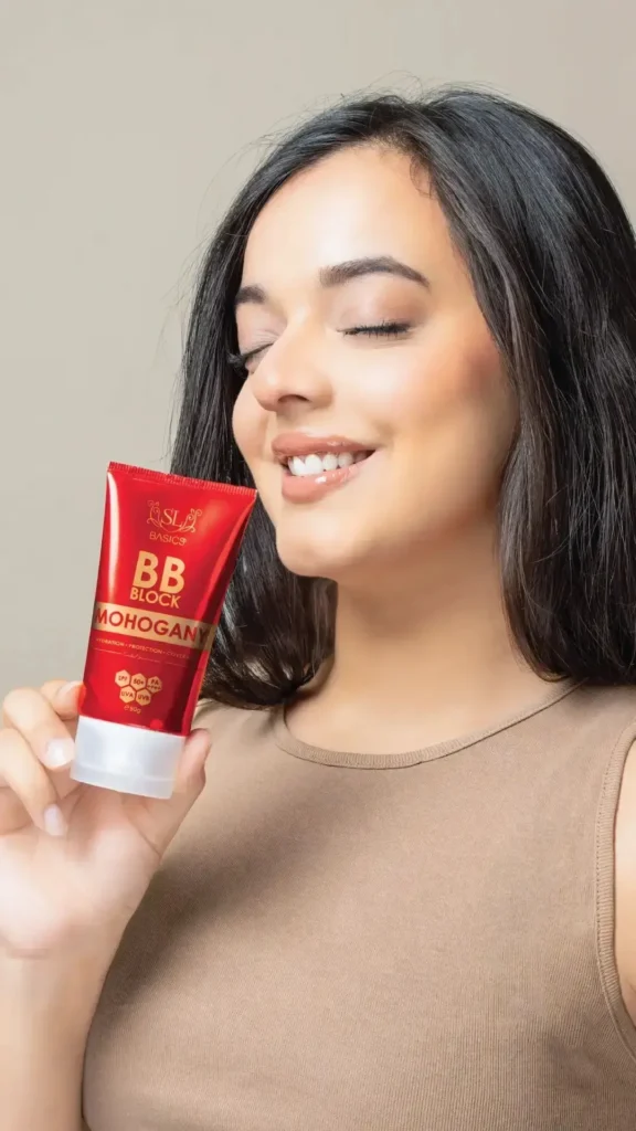 Color swatches of BB Block Tinted Sunscreen in shades Birch for neutral, Oak for warm, and Mahogany for cool undertones.