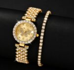Rose gold butterfly quartz watch set featuring a crystal-accented dial and a coordinating paved tennis bracelet for women.