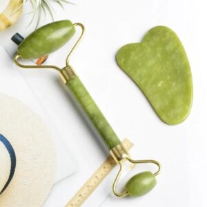 Flawless Jade Roller with Gua Sha Stone set for facial massage and skincare