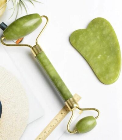 Flawless Jade Roller with Gua Sha Stone set for facial massage and skincare