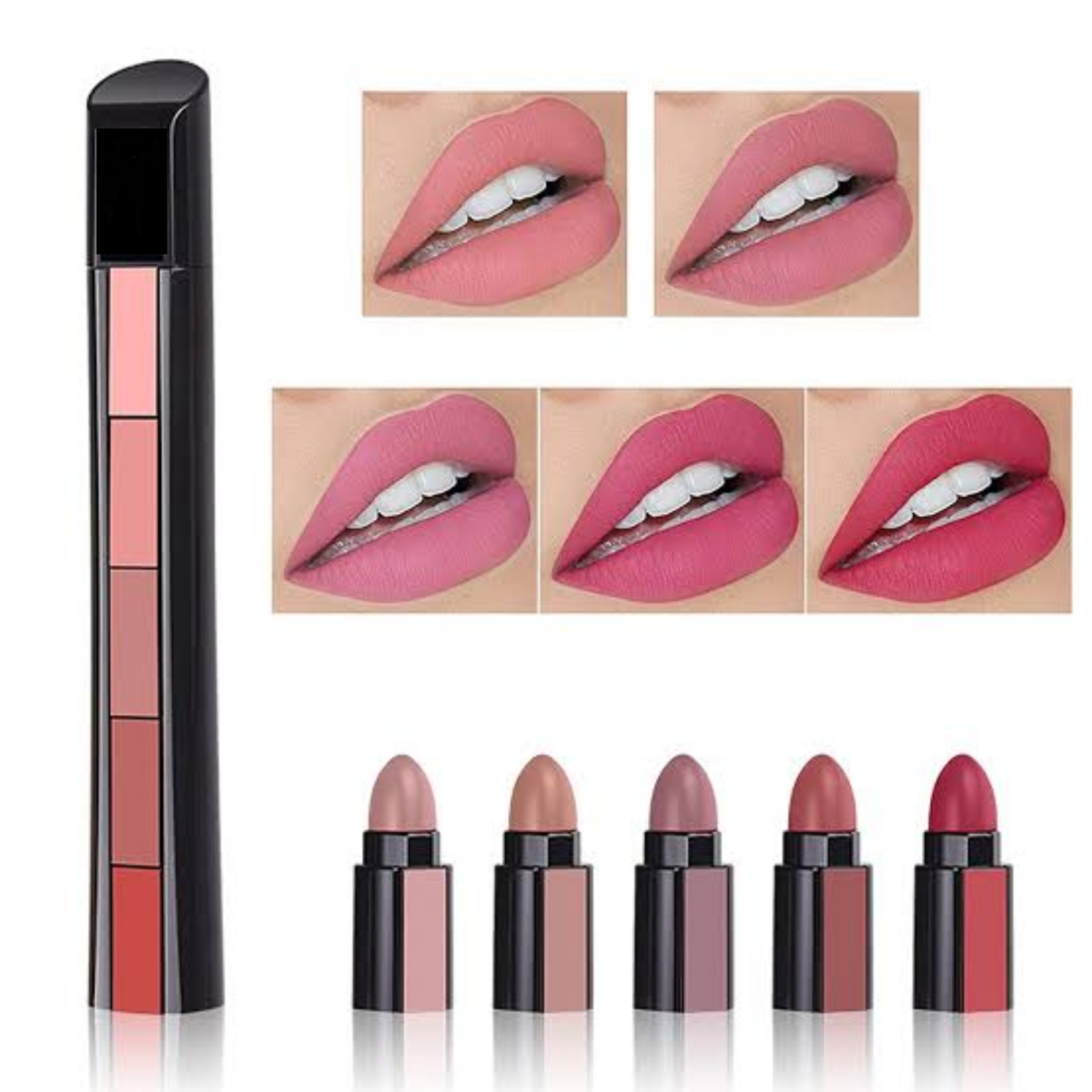 5-in-1 matte lipstick stack with multiple shades on an aesthetic background