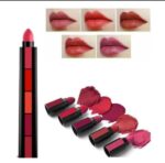 5-in-1 matte lipstick stack with multiple shades on an aesthetic background