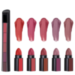 5-in-1 matte lipstick stack with multiple shades on an aesthetic background