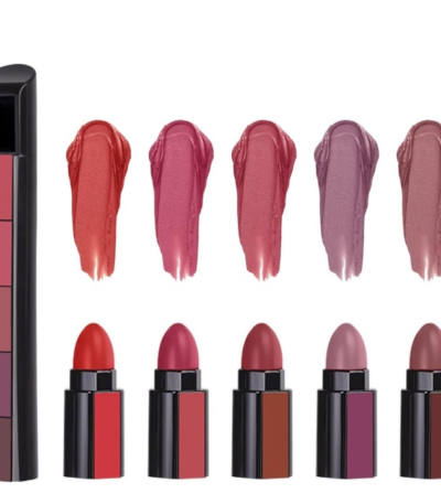 5-in-1 matte lipstick stack with multiple shades on an aesthetic background