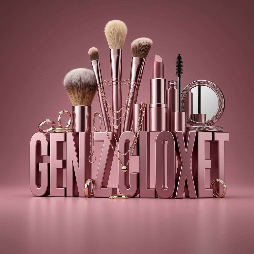 Rose gold Gen Z Cloxet banner featuring cosmetics, makeup tools, rings, and necklaces on a soft pink surface